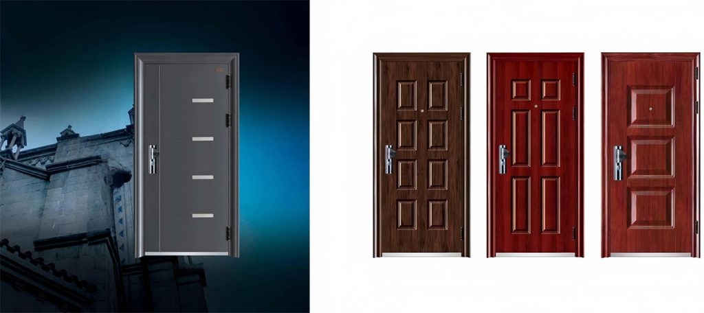 Residential steel security door design illustration, modern reinforced burglary-proof entrance door graphic