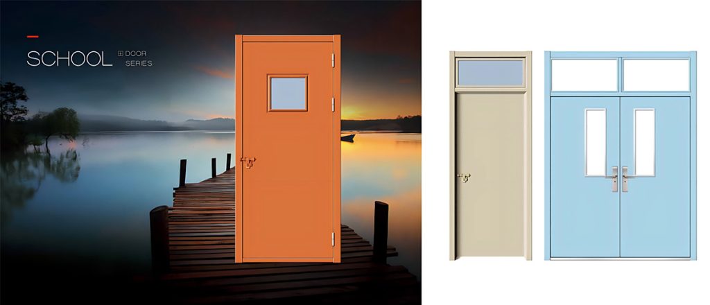 Durable school door for education building display, made of high-quality material, suitable for campus education building and export wholesale