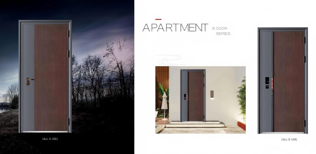 Modern apartment entrance door illustration, fireproof sound insulated interior door structural design for residential building