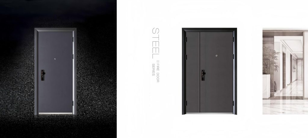 Residential community steel fire-entry door application display, showing fire door installation scenarios in residential apartment entrances and community passages