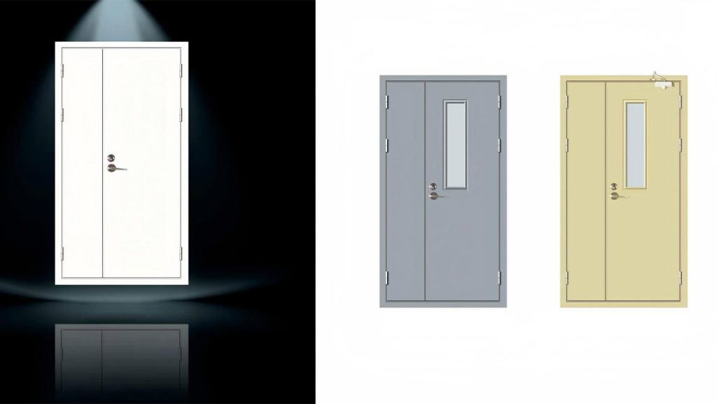 Steel fire-rated door application display, showing fire door installation in residential, commercial, hotel and pipeline scenarios