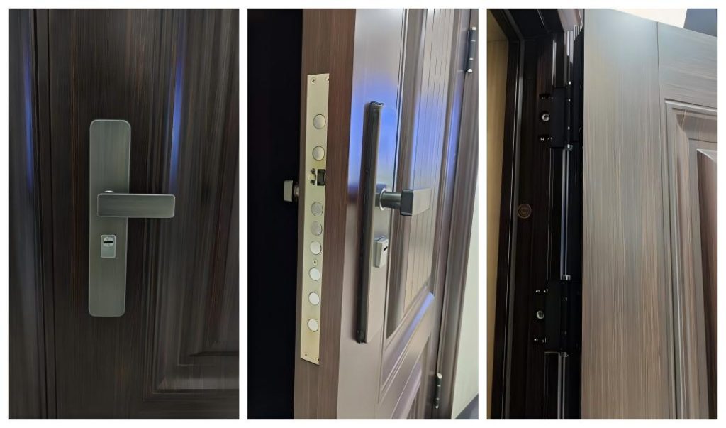  Heavy-duty steel multipoint locking system, multi-bolt design, fits steel security door hardware, anti-tampering