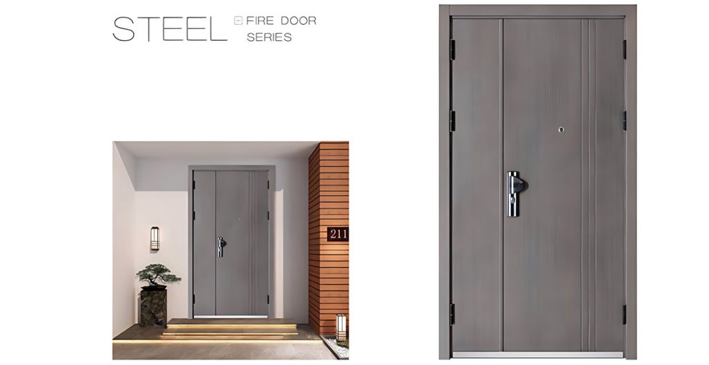 Steel wood composite fire door application illustration, widely used in hotel, apartment and residential building projects
