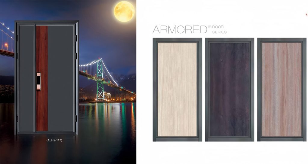 Steel wood armored door display, composite security entrance door for residential and villa