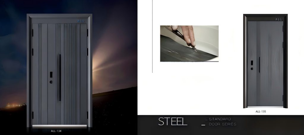 Modern steel entrance door illustration, residential exterior anti-theft door design drawing