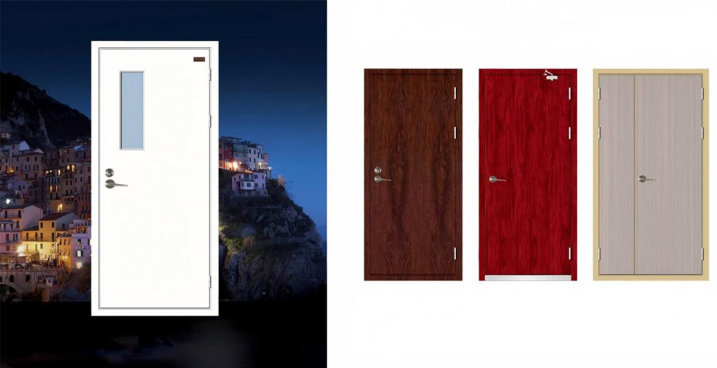 Steel wood fire rated door illustration, fireproof safety door design for corridor, exit and pipe shaft