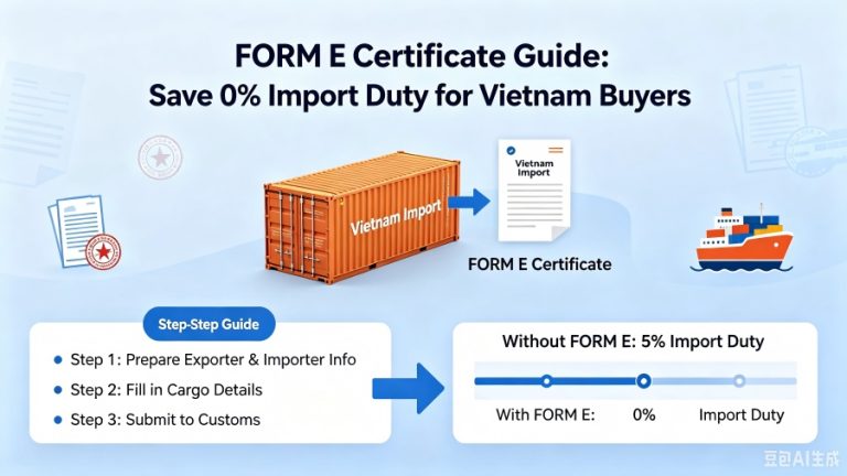 FORM E certificate guide for Vietnam importers, showing 0% vs 5% import duty and application steps
